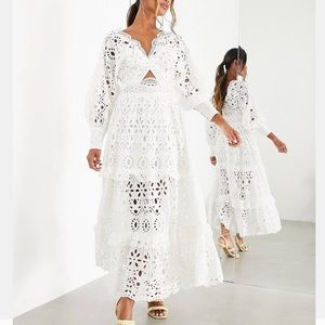 ASOS white v neck eyelet midi dress with puff sleeves